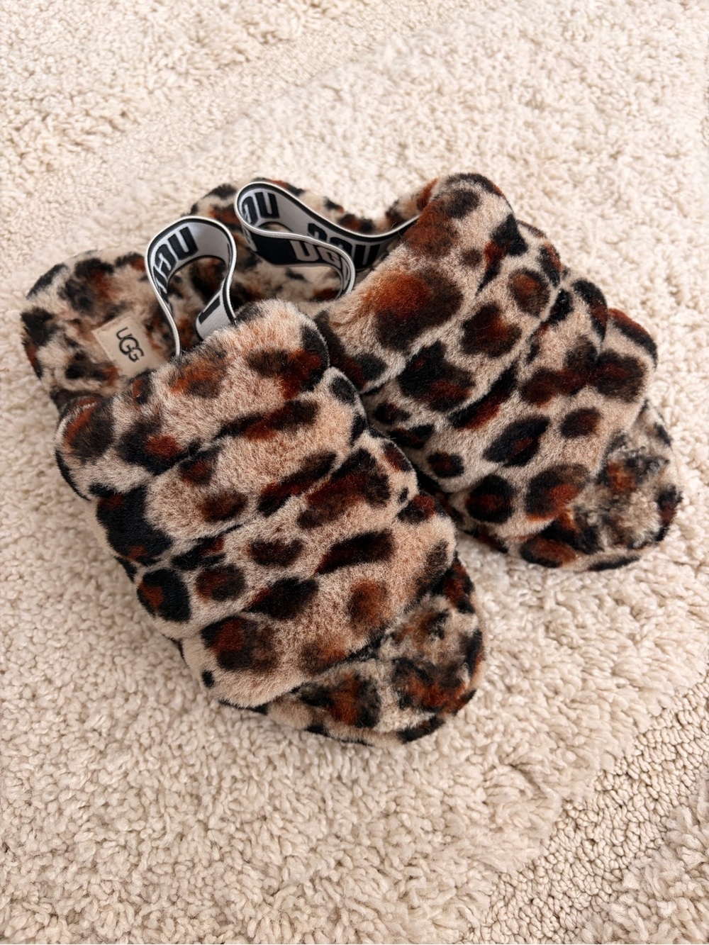 UGG Leopard Faux Fur Slide Slippers in Tan and Brown Size 8